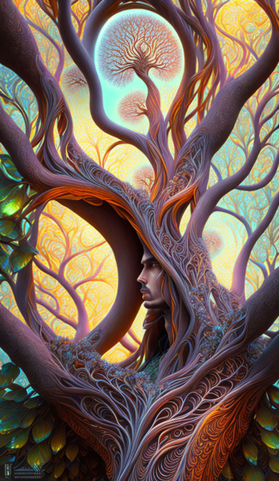 Detailed fantasy illustration of profile merging with tree, vibrant moon, and patterned foliage.