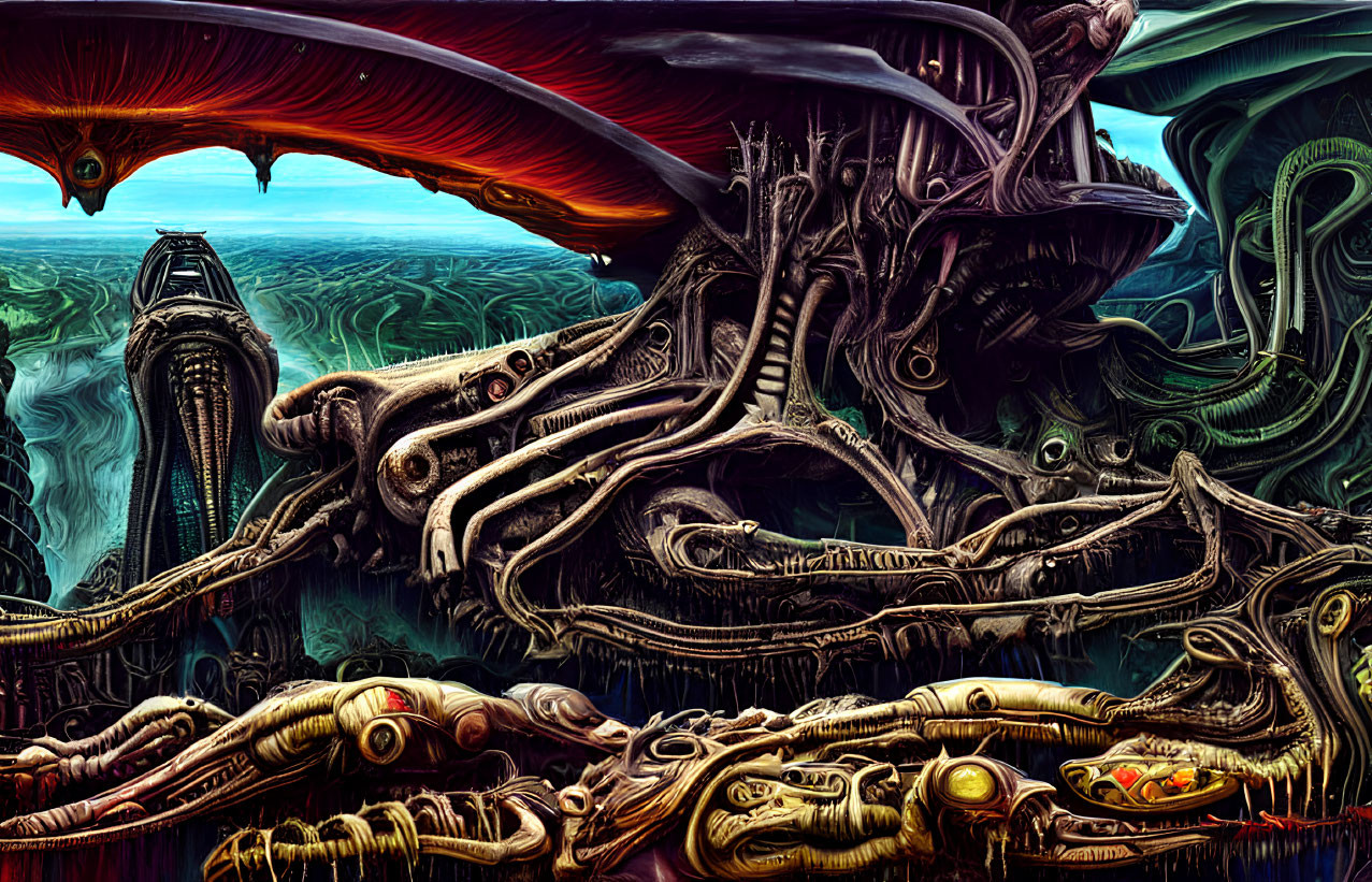 Surreal landscape with tentacle-like structures and winged creature