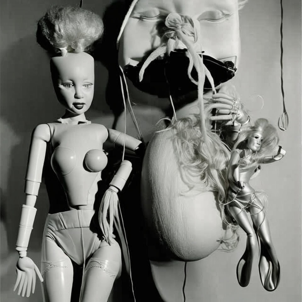 Monochrome image of dolls collection with missing lower body and tangled hair mask.