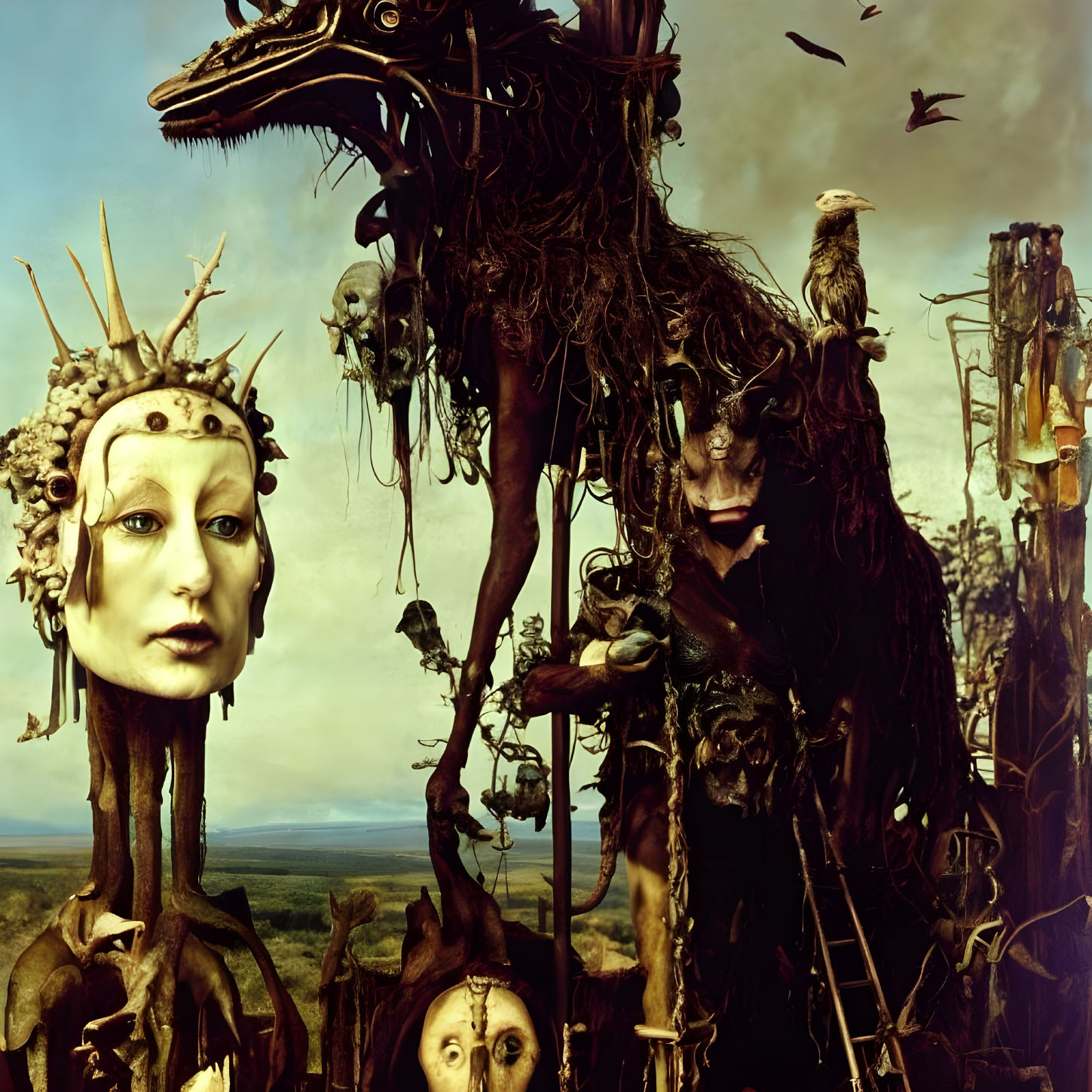 Surreal Artwork: Humanoid Figure with Crown, Birds, Twisted Creature