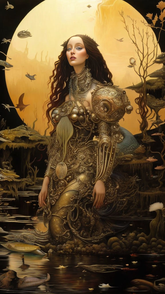 Fantasy artwork of woman in metallic armor with flowing hair against moonlit backdrop