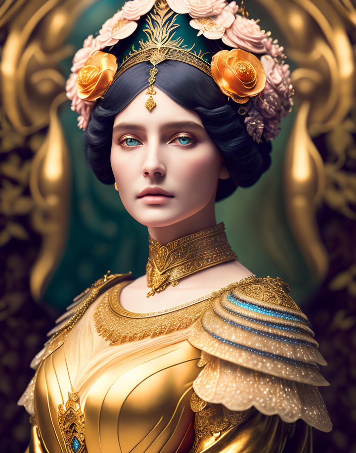 Regal woman in golden crown and armor with roses and jewels.