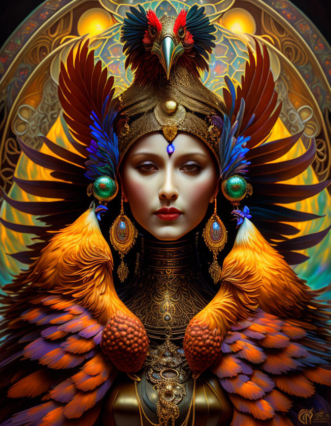 Vibrant feather and ornate jewelry costume portrait.