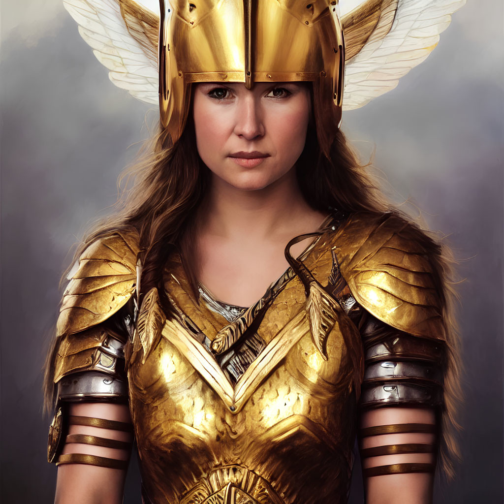 Detailed Golden Armor with Winged Helmet on Person Against Cloudy Background