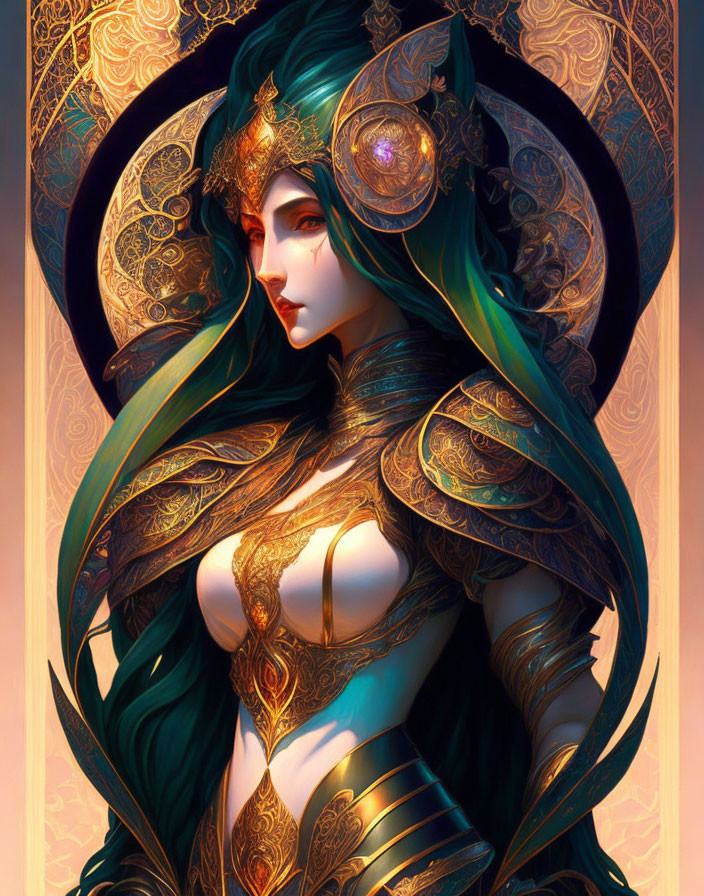 Illustrated female character in ornate green and gold armor