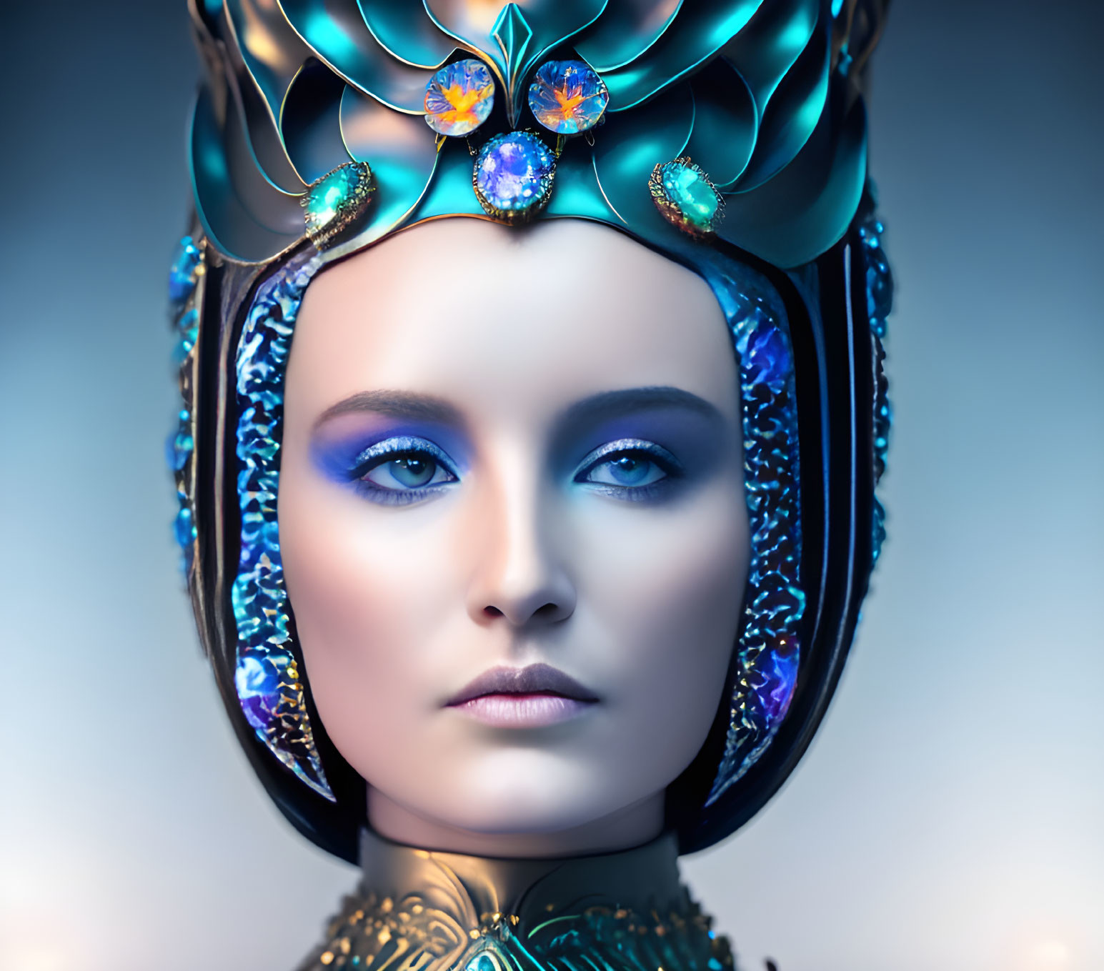 Person with Striking Blue Makeup and Ornate Headdress with Gold Details