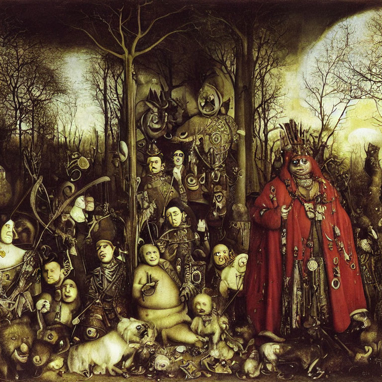 Whimsical masked figures and creatures with central character in ornate red robes in dark woodland.