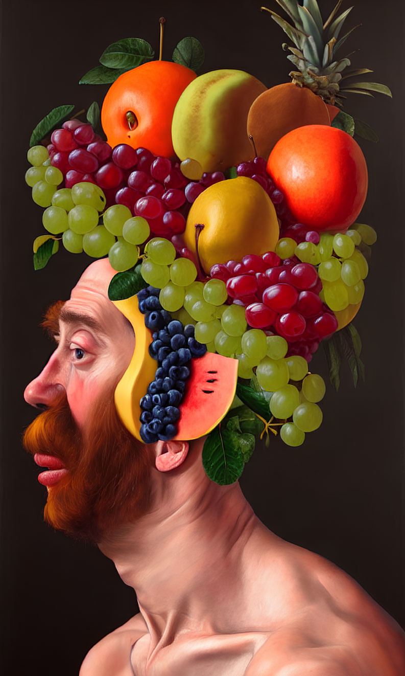 Surreal portrait blending man's face with fruits like grapes and orange