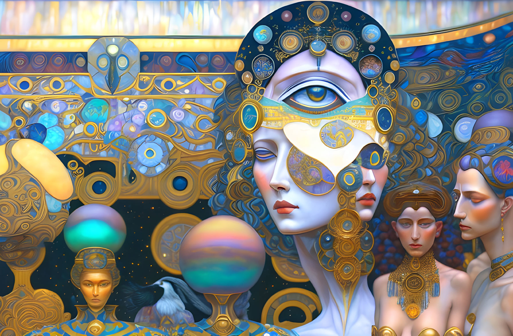 Abstract surreal digital art with stylized human figures and metallic elements in vibrant colors.