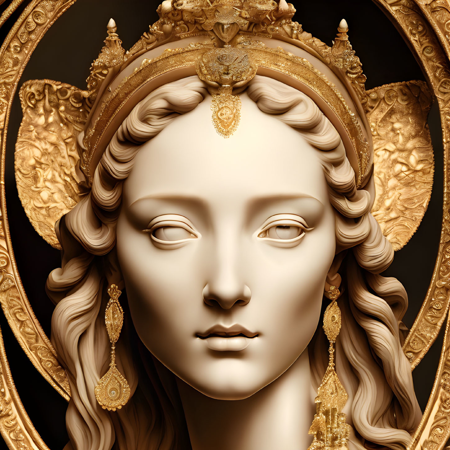 Detailed 3D rendering of serene female figure with golden jewelry on dark background