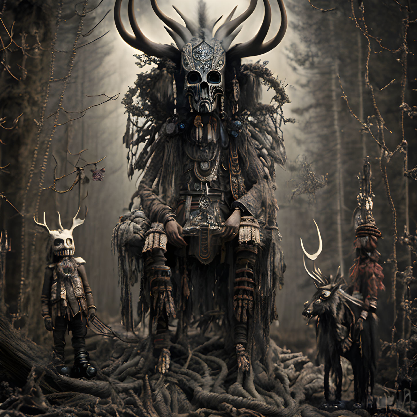 Mystical figures with skeletal and animalistic features in dark forest