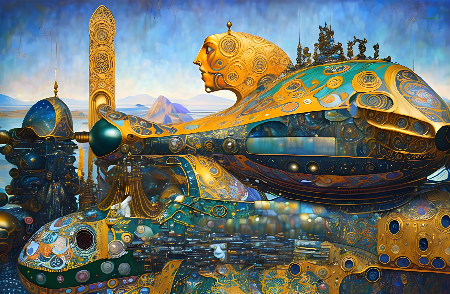 Colorful surrealistic artwork with mechanical structure and humanoid figures against mountain landscape