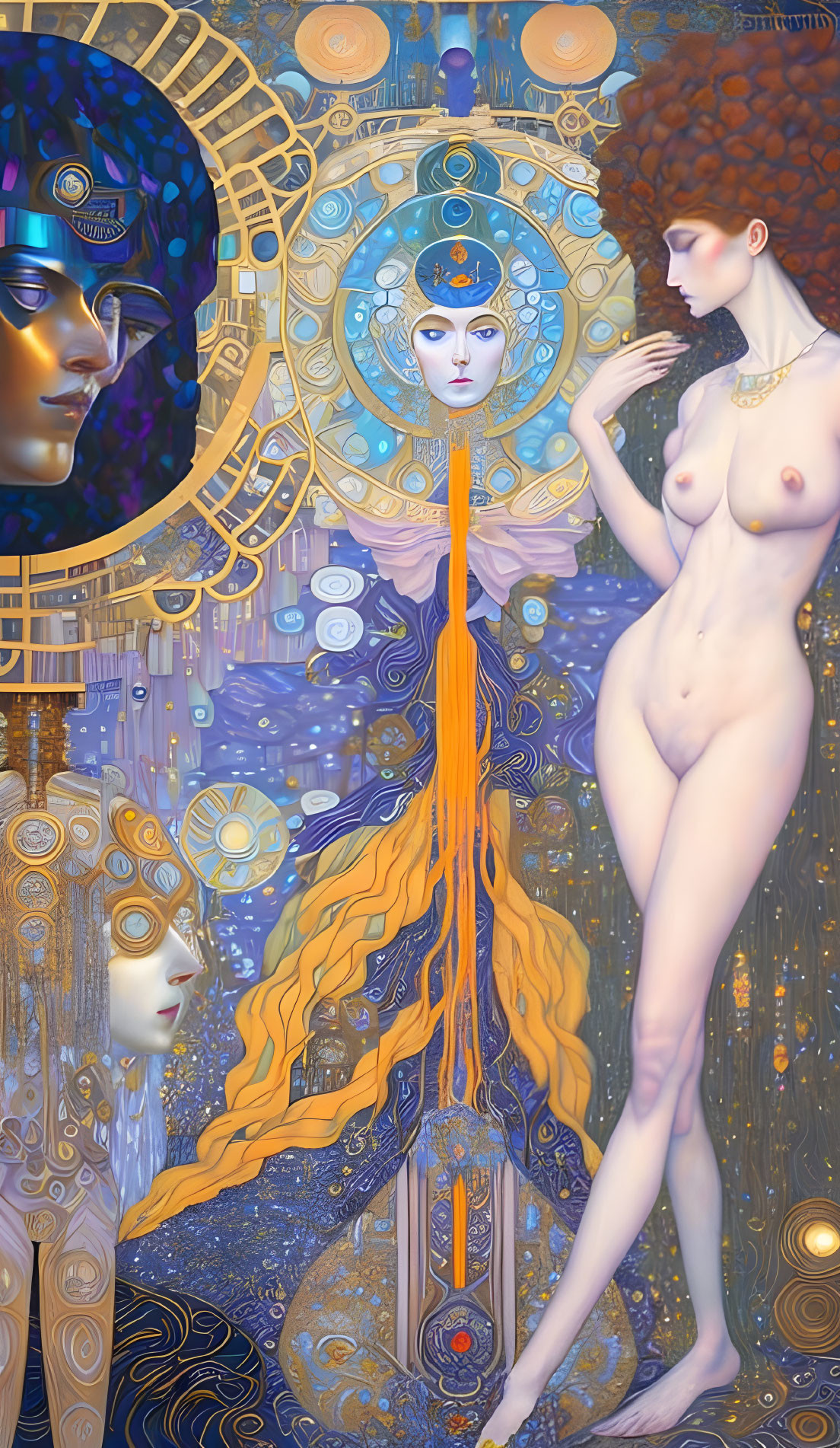 Surrealist artwork of nude female figure with orange hair and celestial mechanical designs