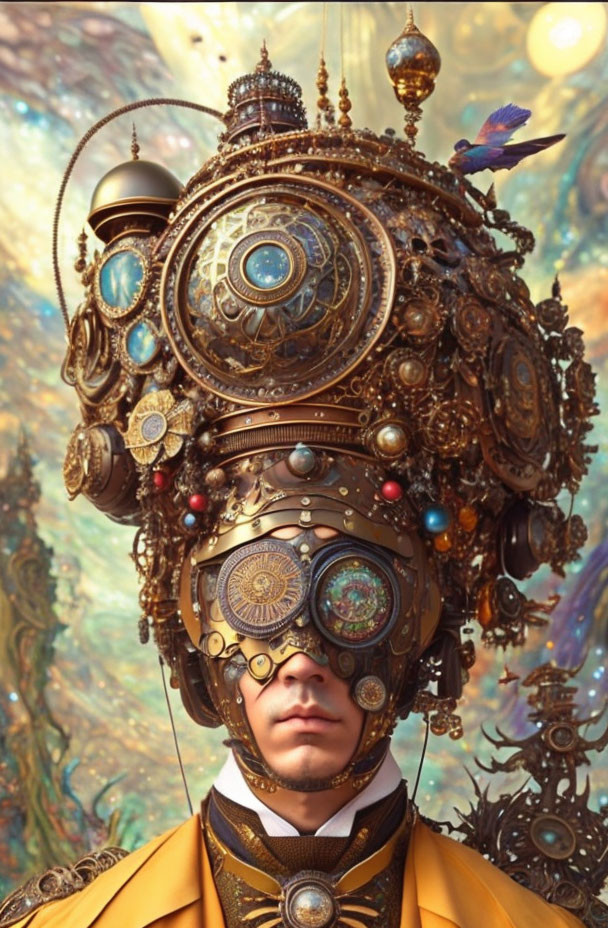 Person in Yellow Outfit with Steampunk Headdress and Bird