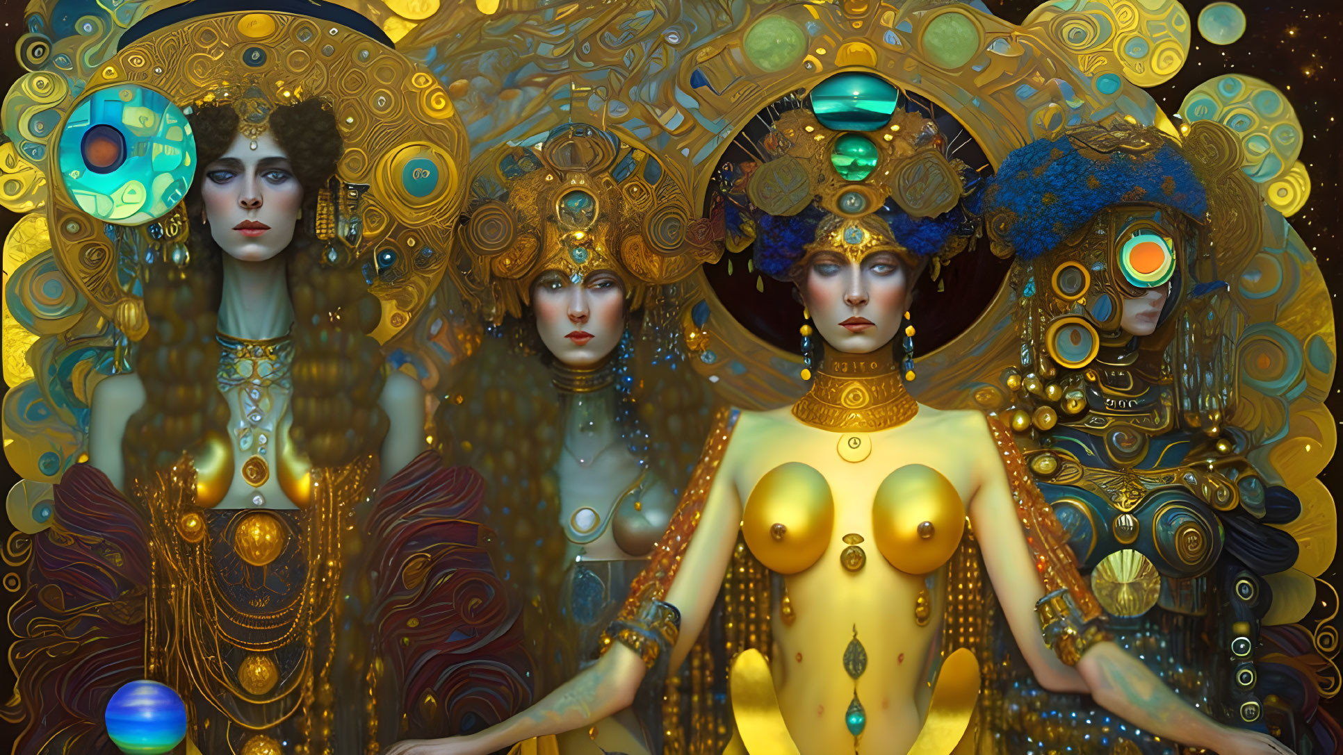 Digital artwork: Four stylized women with golden headdresses in steampunk setting