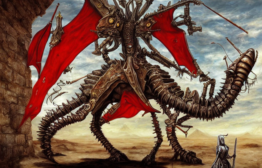 Red-winged mechanical dragon faces off against armored figure in barren setting