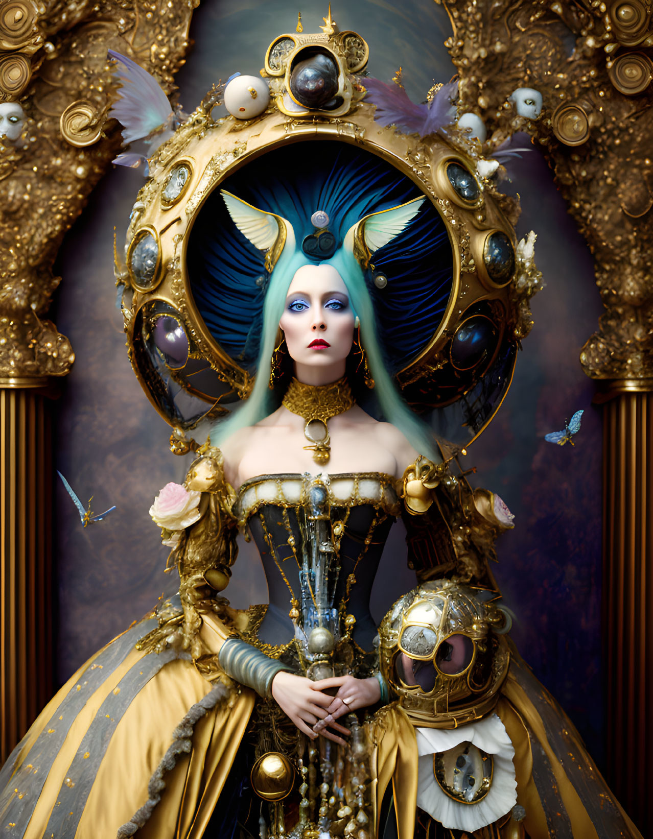 Elaborate fantasy costume with blue hair and golden accessories.