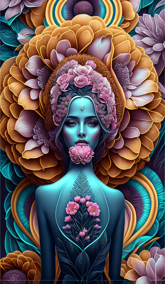 Surreal Artwork of Female Figure with Blue Skin and Floral Halo