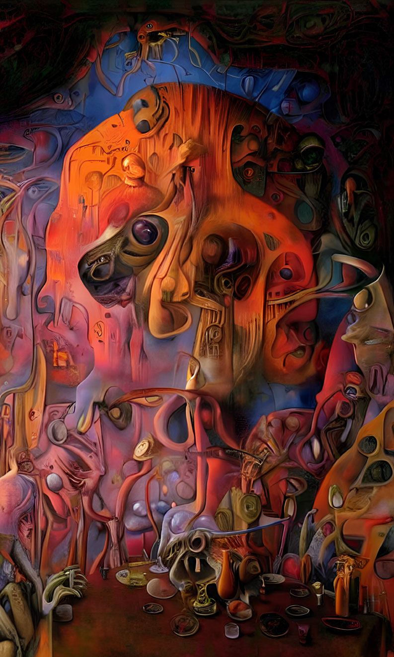 Surrealist painting with distorted figures and melting objects in warm tones