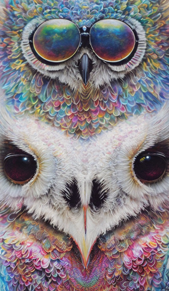 Colorful surreal painting of owl with captivating eyes and kaleidoscope feathers.