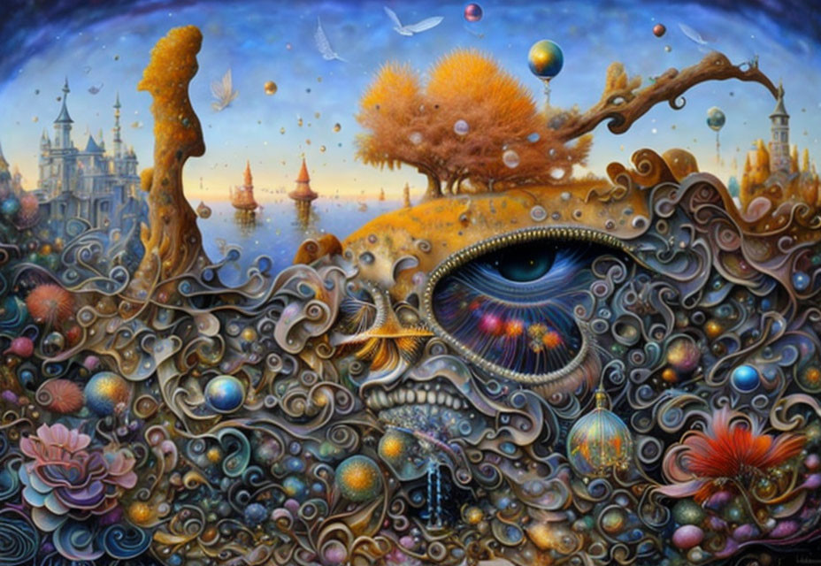 Surreal painting featuring large eye, whimsical shapes, colorful trees, and fantastical castles