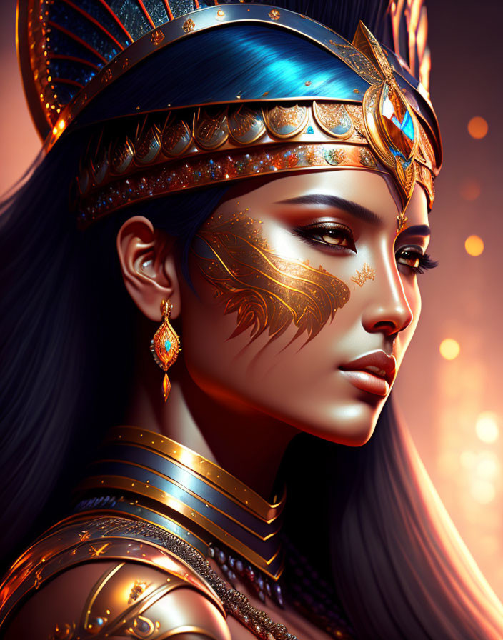 Digital illustration of woman with golden jewelry and ornate headdress against warm glowing backdrop