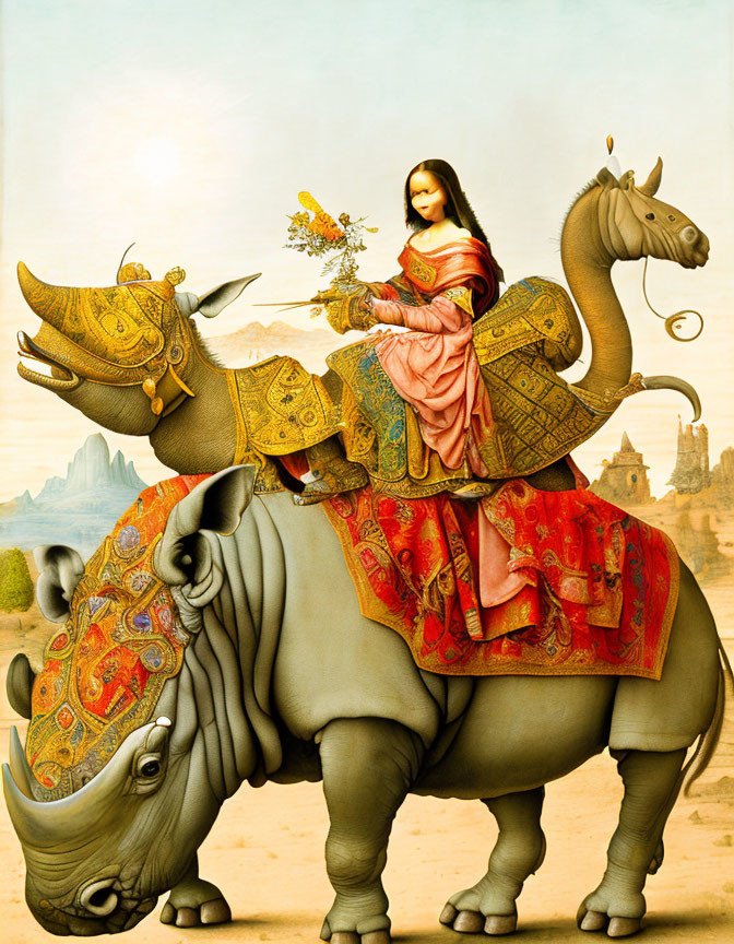 Surreal image: Mona Lisa on adorned rhinoceros in classical landscape