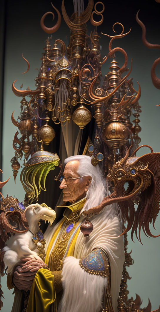 Fantasy character with long beard holding white creature in ornate golden setting