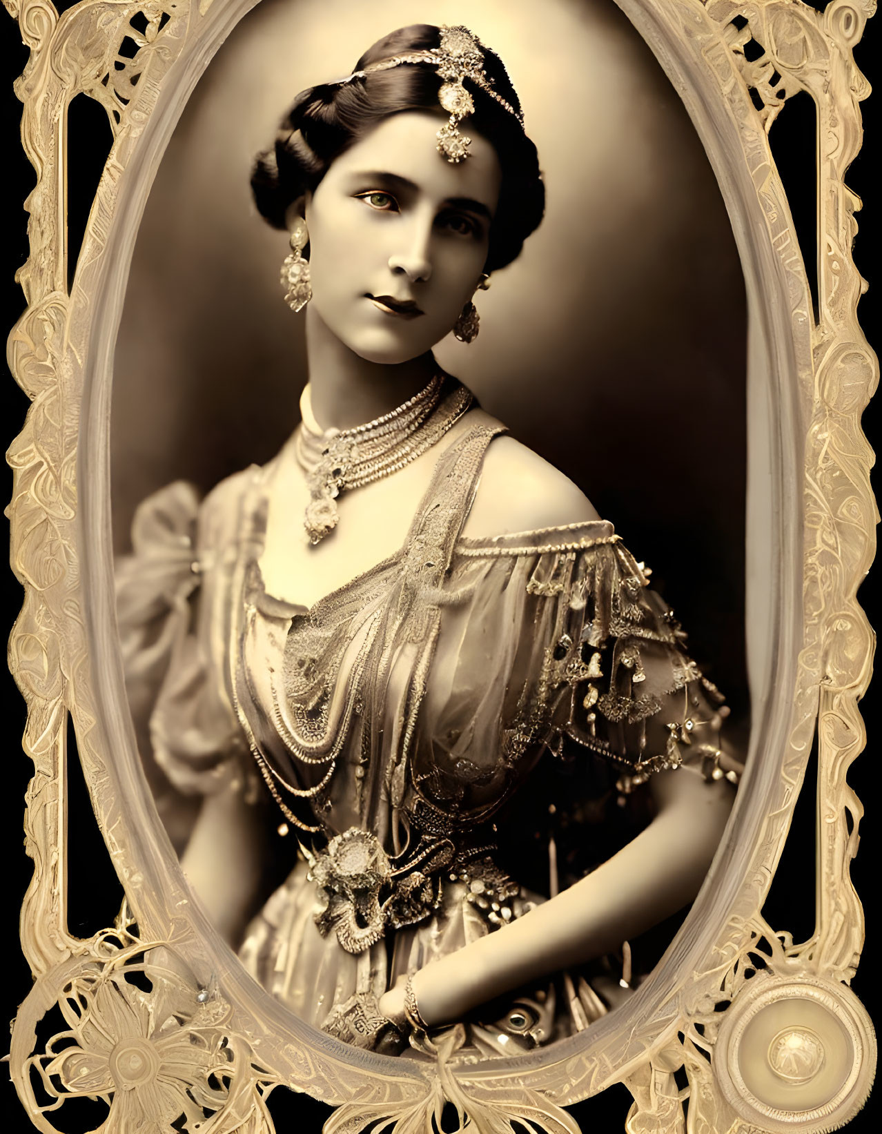 Sepia-Toned Vintage Portrait of Woman in Ornate Frame