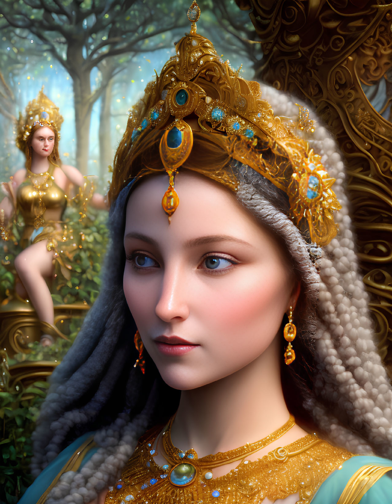 Regal woman with jeweled crown in mystical setting