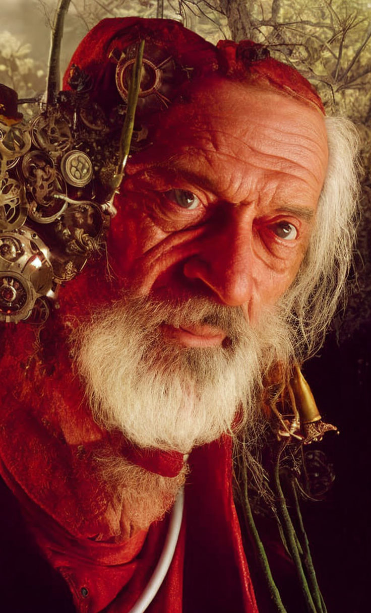 Elderly man in red garment with white beard and mechanical headpiece