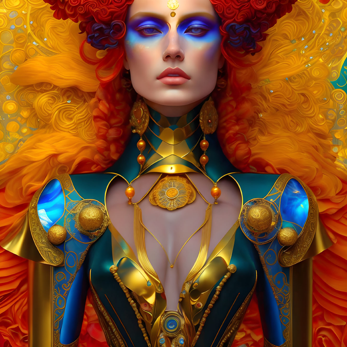 Vibrant digital artwork: woman with blue skin, golden armor, orange hair