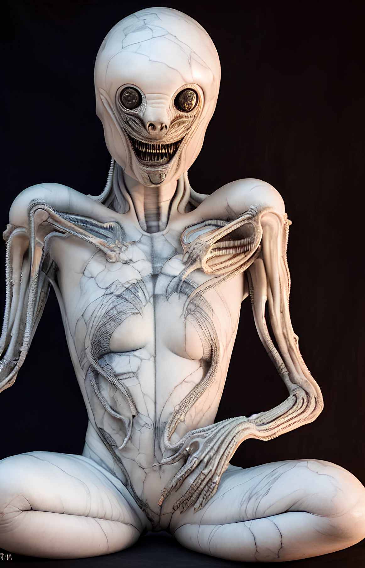 Detailed humanoid alien figure with large eyes and intricate textures on dark background