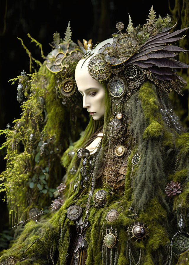 Ethereal figure adorned in moss and metallic, with forest-themed aesthetic