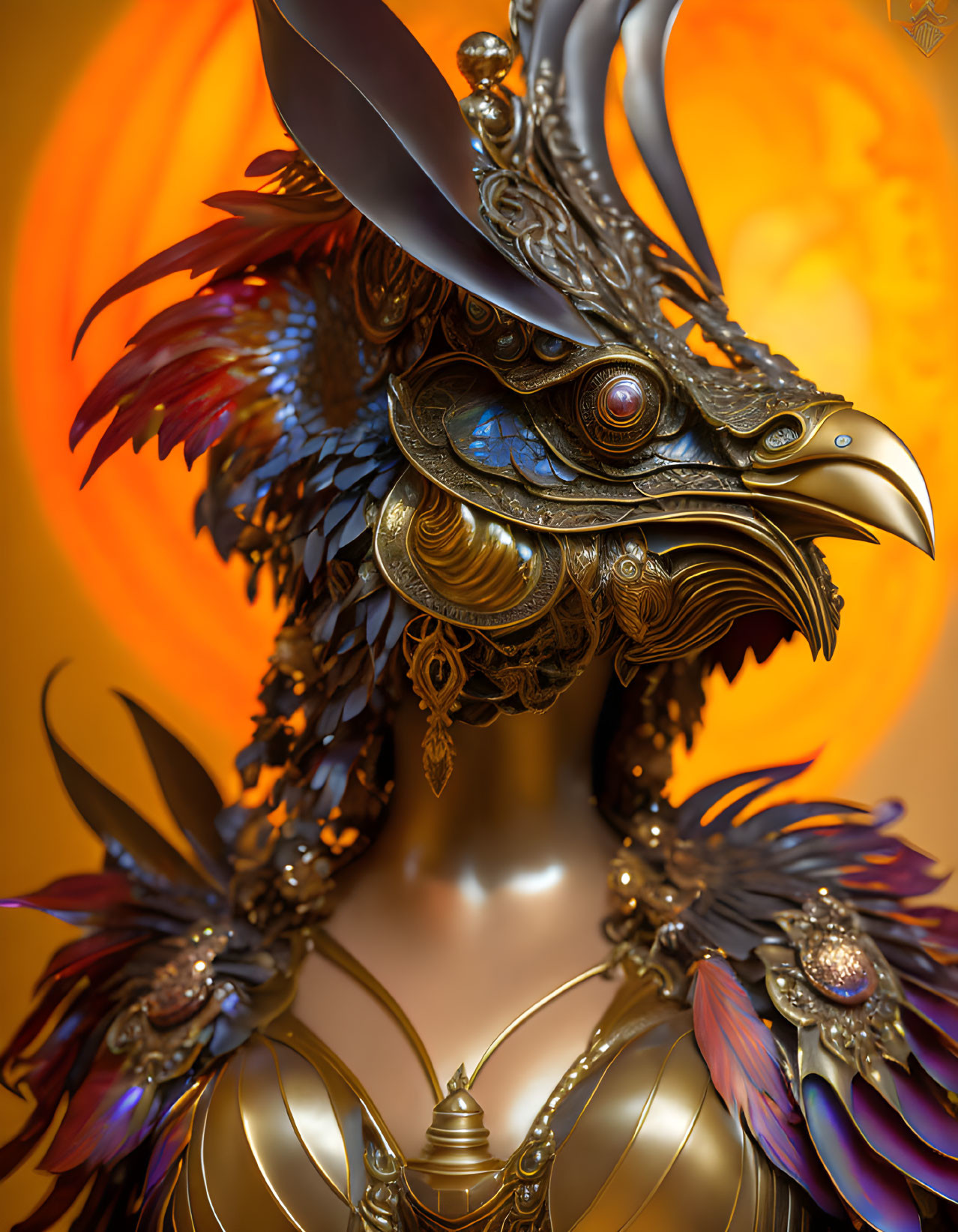 Detailed Eagle-Headed Humanoid in Golden Armor on Orange Background