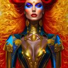 Vibrant digital artwork: woman with orange hair, blue skin, gold and blue armor