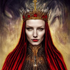 Regal figure with long red hair and golden crown with red gemstone