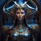 Elaborate fantasy armor woman with regal headdress in ornate setting