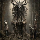 Mystical figures with skeletal and animalistic features in dark forest