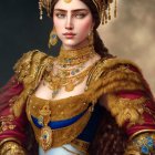 Regal woman with blue eyes in golden headdress and royal attire