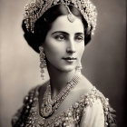 Vintage Portrait of Woman in Elaborate Headdress and Regal Gown