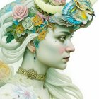 Ethereal woman with floral and gold motifs in pastel hues