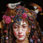 Woman with floral headdress and animals on dark background