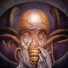 Surreal illustration of creature with ram-like horns and golden teeth