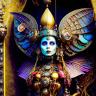 Figure in Ornate Costume with Golden and Blue Elements, Wings, and Colorful Makeup