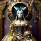 Elaborate fantasy costume with blue hair and golden accessories.