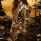 Fantasy artwork of woman in metallic armor with flowing hair against moonlit backdrop