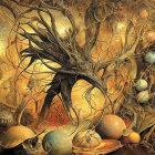 Starling perched in fantastical forest with spherical fruit trees on dreamlike backdrop