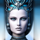 Person with Striking Blue Makeup and Ornate Headdress with Gold Details