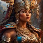 Elaborate golden headgear and armor on regal woman amidst mystical backdrop